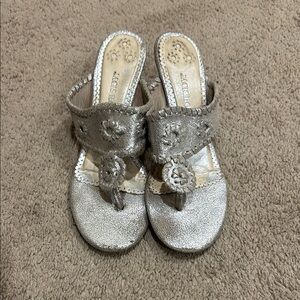 Jack Rogers Silver Thong Sandals with Floral Embellishments